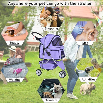 Dkeli 3-Wheel Pet Stroller, Lightweight Foldable Dog Stroller for Small Medium Dogs & Cats, Breathable Mesh & Weather Cover with Storage Basket, for Daily Walk Outdoor Travel (Purple)