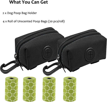 (2 Pack) Dog Poop Bag Holder, Poop Bag Holders for Leashes, CAKOVANO Doggie Waste Bag Dispenser Small Doggy Poop Bag Zipper Pouch with Carabiner Clip with 80 Pet Trash Bags, Black