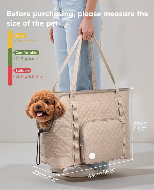 Pecute Dog Purse Carrier, Dog Carrier with Pockets for Small Dogs, Fits Dogs 8.8 lbs to 13 lbs, Cat and Puppies Tote Bag, Outing, Travel, Vet, XL,16.9" L x 7.9" W x 13.8" H, Khaki