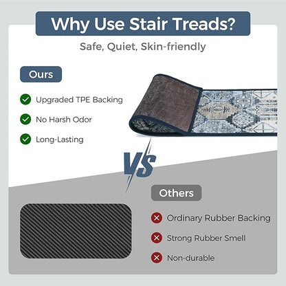 Carpet Stair Treads Non Slip 15PCS, 8" X 30" Edging Stair Runner for Wooden Steps Indoor, Resistant Stair Rugs with Reusable TPE Adhesive Backing, Residue Mat for Elders, Pets, Denim/Pearl