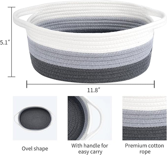 ABenkle Small Basket, 12"x 8" x 5" Cute Small Woven Basket, Rope Room Shelf Storage Basket, Cat Dog Toys Basket Chest Box, Decorative Empty Gift Basket with Handles - White & Grey & Dark Grey