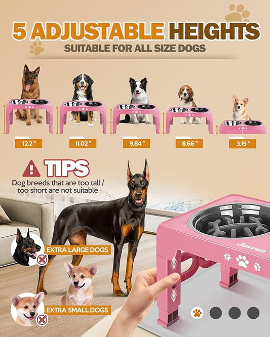 Elevated Dog Bowls with Mat, Non-Slip Dog Feeder with 1*Stainless Steel Dishes & 1*Slow Feeder Bowl, 5 Heights Adjustable Raised Bowls for 3.15″-8.66″-9.84″-11.02″-12.2″