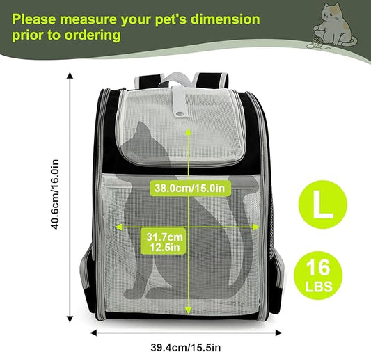 halinfer Backpack to Carry Cat and Small Puppy up to 16 Pounds, Breathable Pet Carrier to Transport Kitten Rabbit to Vet Visit Bag, Airline Approved Collapsible Expandable Black