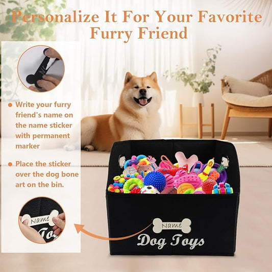 Geyecete Big Dog Toys Storage Bins Canvas Foldable Fabric Trapezoid with metal handles pet Baskets,Can be Personalized,Storage Bin Large toy box Organizer-Black