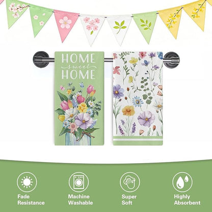 Spring Summer Floral Kitchen Dish Towels Set of 2, Green Floral Home Sweet Home Drying Hand Towel Baking Cooking Cloth, Wildflower Mason Jar Family Bathroom Decoration 18'' x 26''