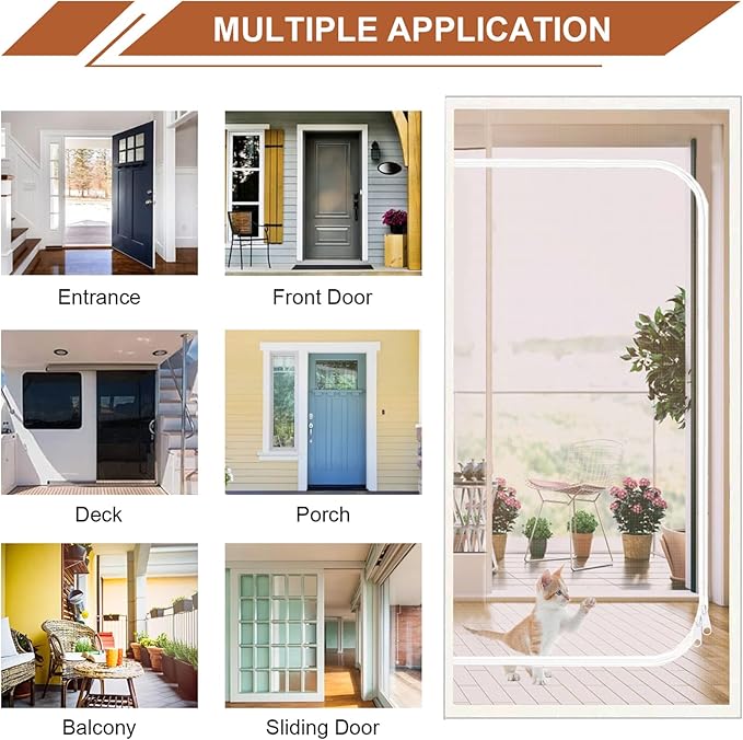 Reinforced Cat Screen Door Fits Door Size 38''x 82'', Heavy Duty Pets Proof Screen Door with Zipper, Prevent Dogs Cats Running Out from Home (White)