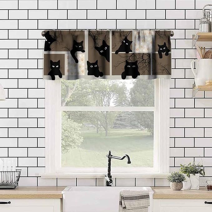 Cat Valances Curtain for Kitchen, Funny Black Cat Branches Brown Pattern Window Treatment Valances Short Curtains Rod Pocket Drape for Dining Room Home Farmhouse Decor, 54x18inch