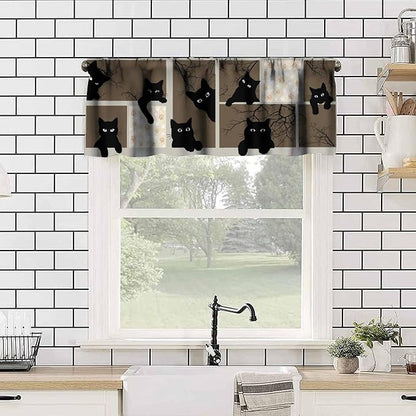 Cat Valances Curtain for Kitchen, Funny Black Cat Branches Brown Pattern Window Treatment Valances Short Curtains Rod Pocket Drape for Dining Room Home Farmhouse Decor, 54x18inch
