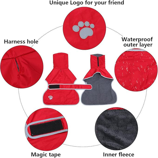 Geyecete Dog Winter Coat Greyhound Raincoat Fabric with Lamb Velvet Inside Outdoor Dog Apparel with Adjustable Bands for Medium, Large Dog-Red-L