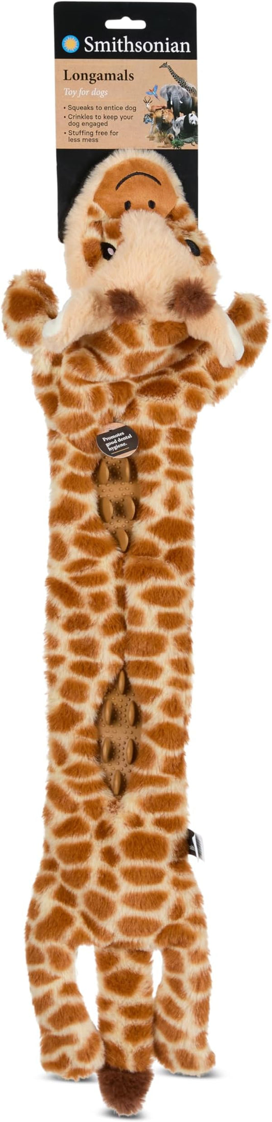 Smithsonian Longamals Giraffe Plush Dog Toy – 30" Crinkle & Squeaky, Stuffing-Free Interactive Tug Toy for Medium & Large Dogs
