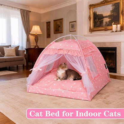 Cat Princess Indoor Tent House - Dog House Indoor/Outdoor Lace Mesh Breathable Windows Door Curtains Removable Portable Cave Nest Bed Bunny and Puppy (Pink, s)