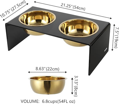The LICKER Store DBL2001B Keaton 7.5" Medium/Large Modern Lucite Rectangular Elevated Pet Feeder with 54oz 2-Stainless Steel Bowls, Black/Gold