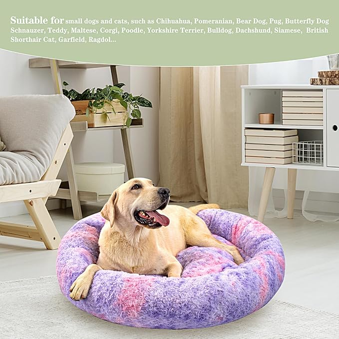Calming Dog Bed for Big Dogs, 39'' Round Anti-Anxiety Warm Fluffy Plush Faux Fur Bed, Soft Anti-Slip Donut Washable Big Pet Bed, Cozy Big Dogs Bed, Fits up to 100 lbs Pets