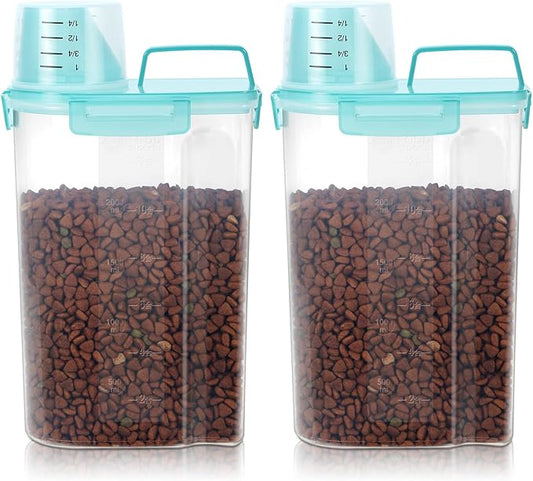 Airtight Small Cat Dog Pet Food Storage Containers BPA Free, with Large Pour Spout/1 Measuring Cup/ 4 Safety Locks and Double-layer Silicone Strip (Clear Blue x 2, 3L-2pack)