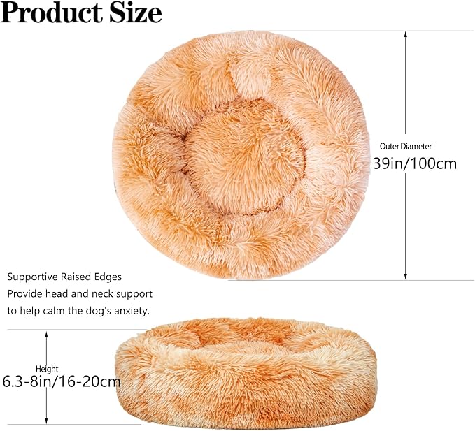 Calming Dog Bed for Big Dogs, 39'' Round Anti-Anxiety Warm Fluffy Plush Faux Fur Bed, Soft Anti-Slip Donut Washable Big Pet Bed, Cozy Big Dogs Bed, Fits up to 100 lbs Pets