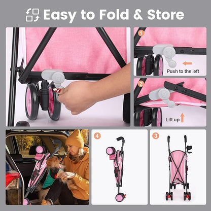 Umbrella Dog Stroller, Foldable Pet Stroller for Small Dogs Cats, 4 Wheels Pet Strolling Cart with Carrying Strap and Cup Holder, Breathable and Visible Mesh, Dog Poop Bags & Dispenser (Pink)