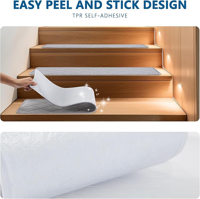 Stair Treads for Wooden Steps Indoor, 15 Pack 8" X 30" Non Slip Carpet Stair Treads with Reusable Adhesive for Kids Elders and Dogs, Surface Polyester TPR Backing Stair Rugs, Grey