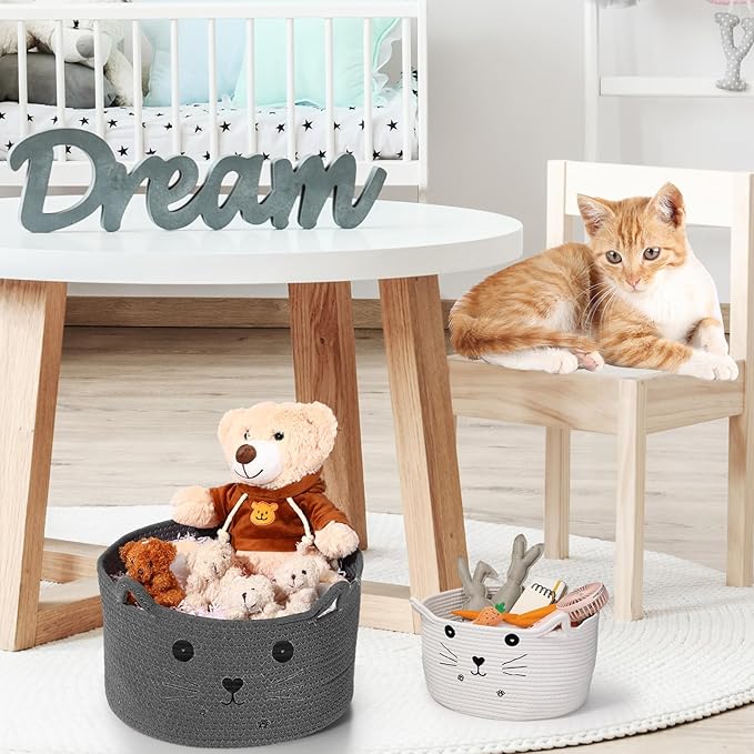 Zopeal Cat Basket Storage Woven Organizer with Ears Easter Decorative Pet Toy Cute Cotton Rope Basket for Gift Cat Dog Toy Bin Nursery Room(13.7 x 7.8 Inch,Dark Grey)