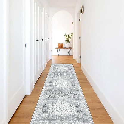 RUUGME 2x7 Washable Runner Rug - Vintage Hallway Rugs Non Slip Stain Resistant Rugs for Kitchen Living Room Bedroom Laundry Room Mat Distressed Rug Carpet Runner for Bathroom 2'x7' Grey