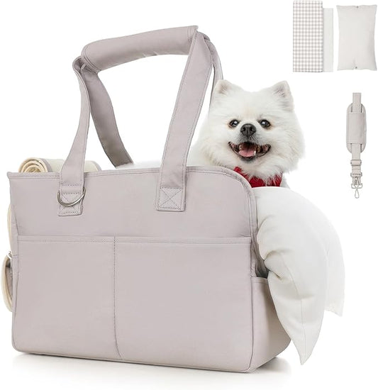 Dog Purse Carrier for Small Dogs & Puppies Up 12 Lbs, Soft Cotton Tote Pet Shoulder Bag with Pockets, Foldable & Washable Breathable Puppy Carrier for Yorkie, Chihuahua & Cats - Gray