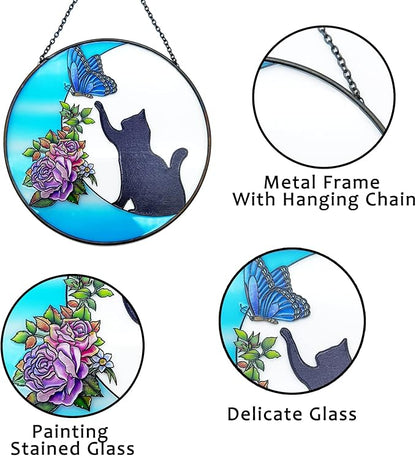 Cat Stained Glass Butterfly on Moon Gifts, Handcrafted Suncatchers for Stained Glass Window Hangings, Gifts for Cat Lovers
