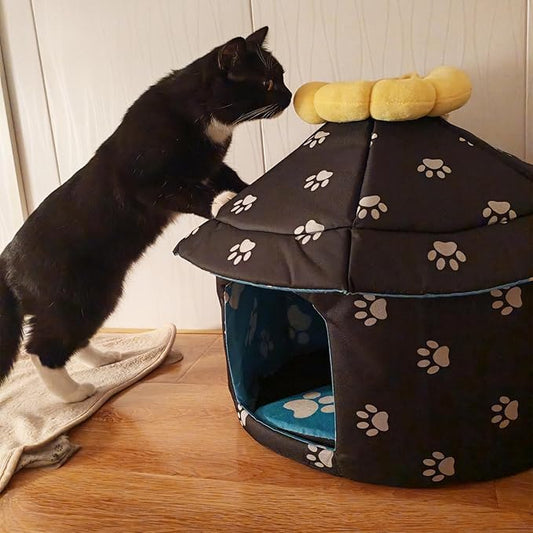 Stray Cats Shelter Cat Bed Weatherproof Foldable Kitten House Warm Feral Pet Cave for Outdoor Insulated Waterproof Thicken Tent Beds Shelter Home Indoor Small Dog Houses for Kitten Puppy(Black)