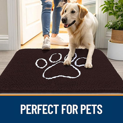 OLANLY Dog Door Mat for Muddy Paws 35x24, Paw Print Design, Absorbs Moisture and Dirt, Absorbent Non-Slip Washable Doormat, Quick Dry Chenille Mud Mat for Dogs, Entry Indoor Entryway Carpet, Brown