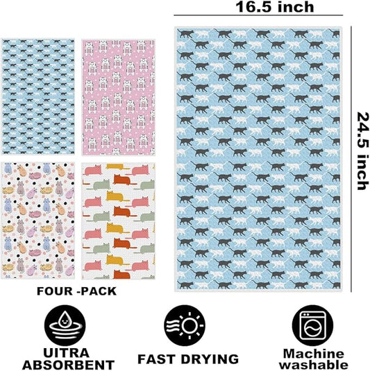 Hanamiya Na 4Pcs Cute Cat Kitchen Towels, Whimsical Decorative Absorbent Microfiber Dish Cloth Tea Towel, Durable Hand Towels for Farmhouse Home Bathroom, Cat Lover Gifts 2