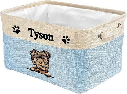 Personalized Foldable Storage Basket with Cute Dog Yorkie Collapsible Sturdy Fabric Pet Toys Storage Bin Cube with Handles for Organizing Shelf Home Closet, Blue amd White