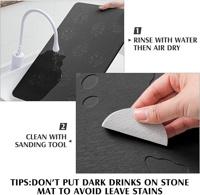 Valentine Dog Gift Stone Mat for Dog Bowl Diatomaceous Earth Absorbent Non Slip Cat Puppy Mat for Food and Water Quick Drying Easy to Clean Placemat for Bowl Dish(Black,16 x 24 Inch)