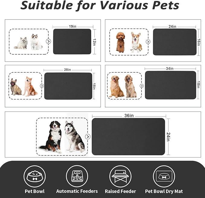 Dog Food Mat - Absorbent Cat Mat for Food and Water, No Stains Pet Feeding Bowl Mat, Easy to Clean Pet Placemats, Quick Dry Dog Water Dispenser Mat for Messy Drinkers | Black 18"x 34"