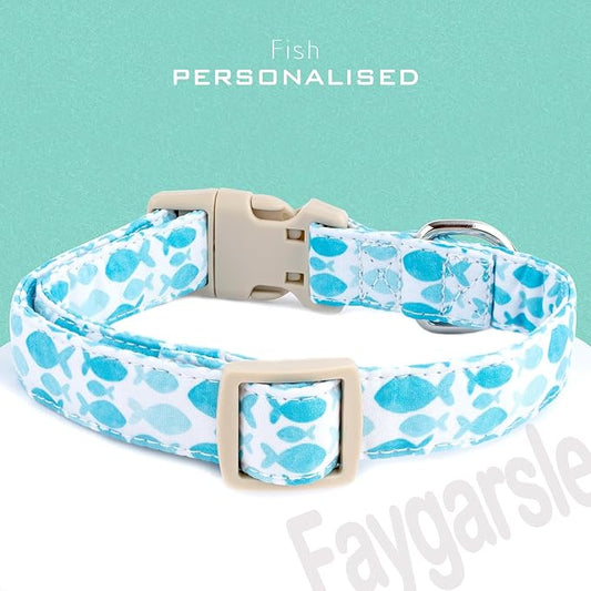 Faygarsle Fish Pattern Dog Collar, Adjustable with Buckle, Blue and White, Summer Design for Small Medium Large Dogs L