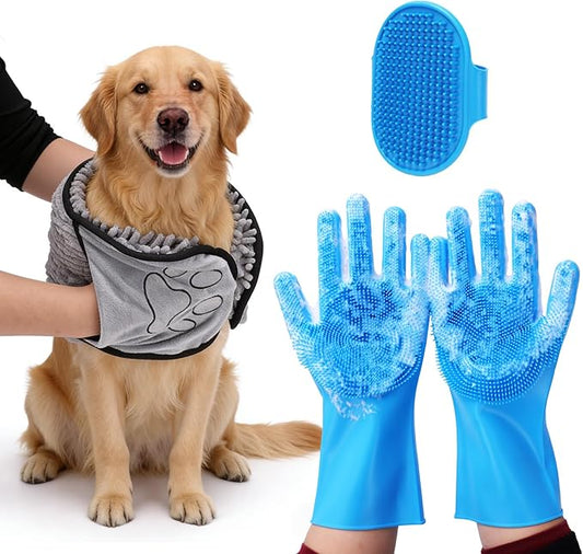 3PCS Dog Bath Kit,Dog Bath Brush | Dog Bath Gloves | Microfiber Dog Towel 26'' X 11'' Extra Soft Plush Chenille Dog Drying Towel to Dry Soggy Large Pets & Small Puppy (B-3 Kits)