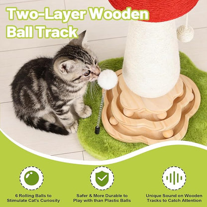 Mushroom Cat Scratching Post Cat Tree, Cute Cat Scratcher Tower with Interactive Ball Two-Layer Track Spring Ball Toys, Mushroom Scratch Post Cat Sisal Scratcher with Catnip for Indoor Cats