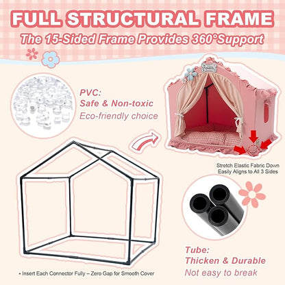 Jiupety Indoor Dog House with Frame, Cute Dog Tent Bed with Cover Cave, Breathable, Washable, and Foldable House, Suitable for 20-40 Lb, Large (25"×25"×25"), Pink