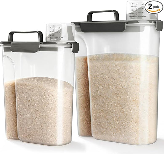 Rice Storage Container, 10 to 20lb Dry Food Airtight Dispenser, Pet Dog Cat Food Canister, BPA Free Clear Plastic Kitchen and Pantry Bin for Oatmeal, Cereal, Pasta, Flour Pack of 2 Grey