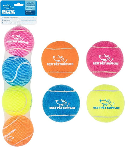 Best Pet Supplies Interactive Squeaky Dog Chew Toy, Ideal Dog Toys for Chewers, Small, Medium & Large Dogs, and Fetch Lovers - Tennis (Assorted Color), Large (Pack of 4)
