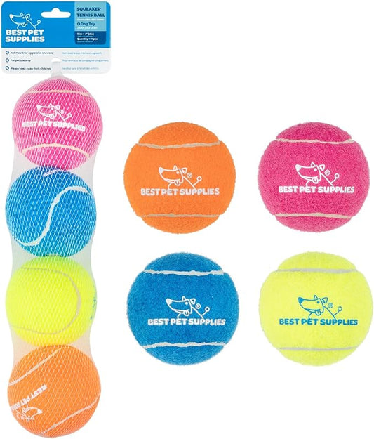 Best Pet Supplies Interactive Squeaky Dog Chew Toy, Ideal Dog Toys for Chewers, Small, Medium & Large Dogs, and Fetch Lovers - Tennis (Assorted Color), Large (Pack of 4)