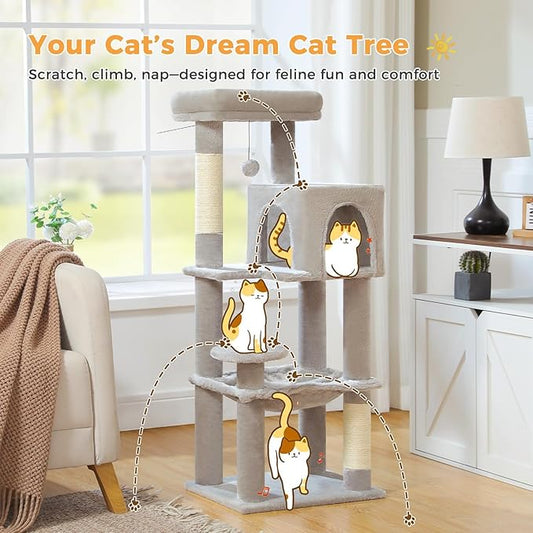 MUTTROS Cat Tree for Indoor Cats, 44.5" Multi-Level Cat Tower with Large Metal Frame Hammock, Cat Condo with 2 Scratching Posts and Top Perch for Small to Medium Cats, Grey