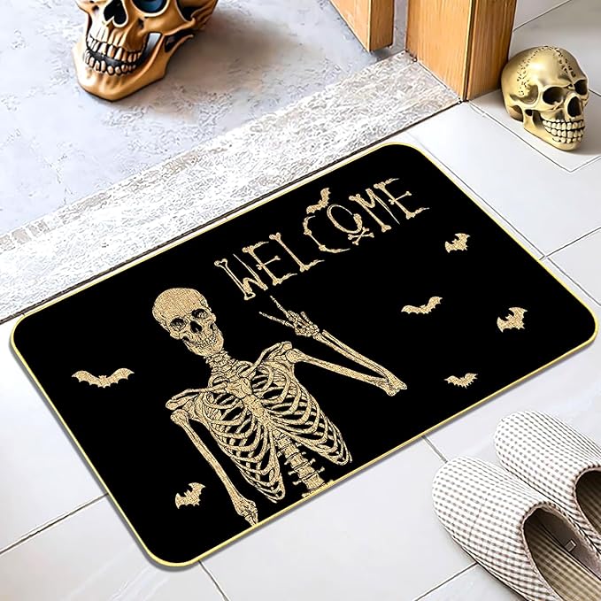 Halloween Skull Doormat - Funny and Spooky Welcome Mat, Low-Profile Non-Slip Entr Door mat Living Room Kitchen Floor Mat Home Halloween Indoor Outdoor Decoration - 17" x 29"