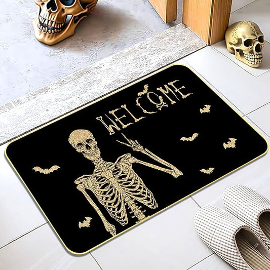Halloween Skull Doormat - Funny and Spooky Welcome Mat, Low-Profile Non-Slip Entr Door mat Living Room Kitchen Floor Mat Home Halloween Indoor Outdoor Decoration - 17" x 29"