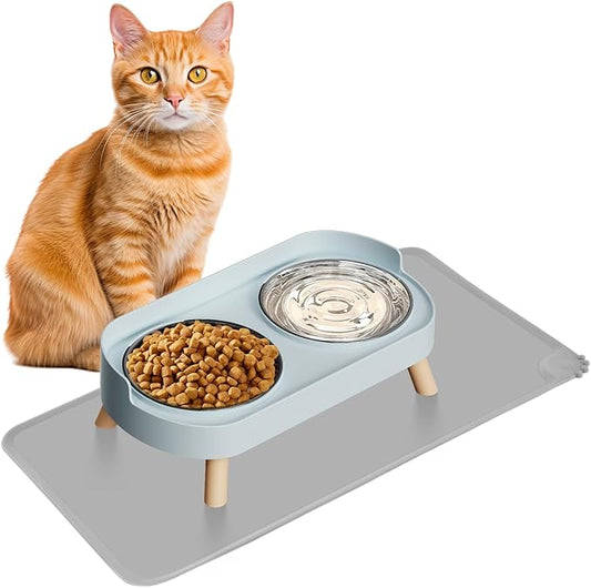 Elevated Cat Bowl with Food Mat, Raised Cat Food and Water Bowl Set for Indoor Cats, Splash Proof with 2 Stainless Steel Pet Food Bowls for Cats and Puppies,Whisker Fatigue and Dishwasher Safe (Blue)