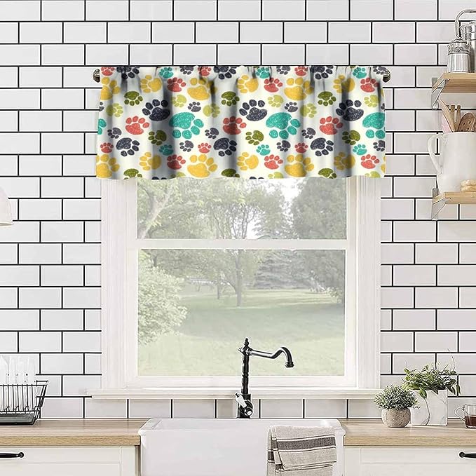 Paw Valances Curtain for Kitchen, Colorful Animal Paws Print Window Treatment Valances Short Curtains Rod Pocket Drape for Dining Room Home Farmhouse Decor, 54x18inch