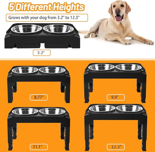 Hubulk Elevated Dog Bowls with 2 Stainless Steel Food & Water Raised Bowls with No Spill Edge Non-Slip Stand Adjusts to 5 Height(3.2", 8.77", 9.9",11.1", 12.3")for Small Medium Large Dog and Pet Black