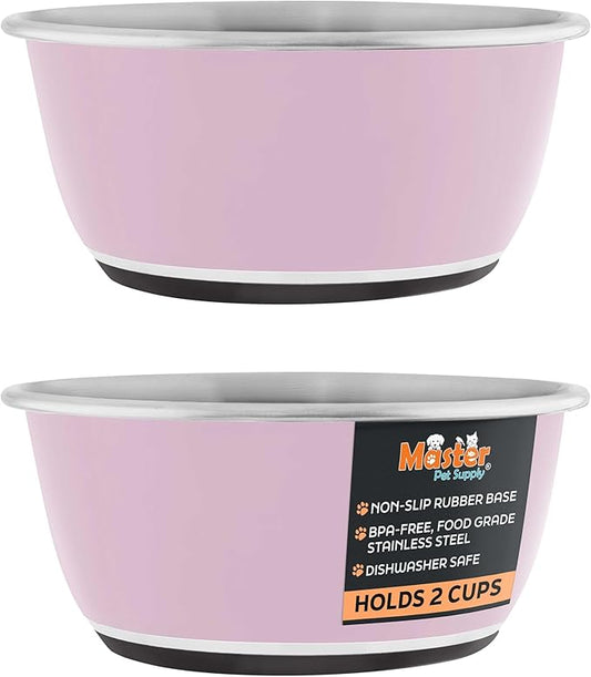 Master Pet Supply Stainless Steel Dog Bowls Set of 2 (16 Oz Each) with Non-Slip Rubber Base - Rose Quartz - Basic Dog Food Bowl Water & Food Bowls for Small Medium Large Dogs & Cats, Metal Dish
