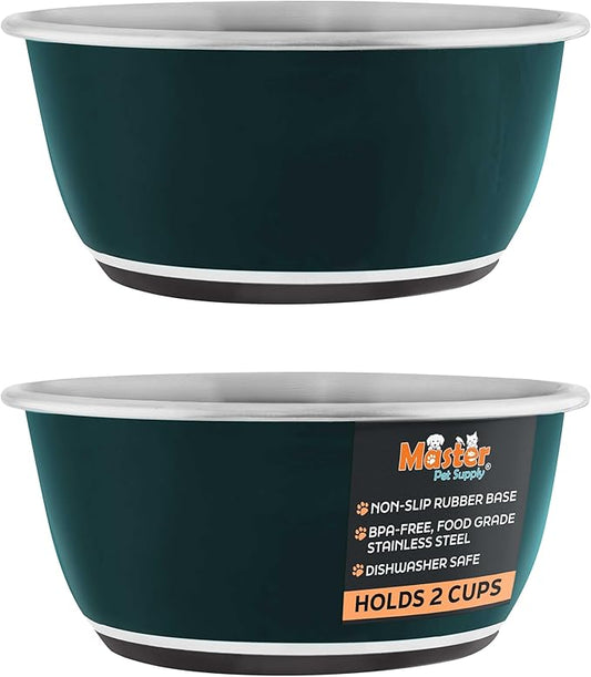 Master Pet Supply Stainless Steel Dog Bowls Set of 2 (16 Oz Each) with Non-Slip Rubber Base - Emerald Sea - Basic Dog Food Bowl Water & Food Bowls for Small Medium Large Dogs & Cats, Metal Dish