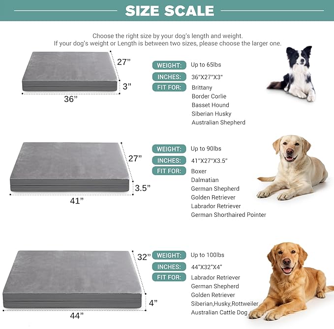 Waterproof XL Dog Beds Large Sized Dog, Outdoor Washable Crate Pad 42 inch, Extra Large Orthopedic Foam Pet Bed with Durable Removable Cover Reversible, XLarge Anti-Slip Kennel Pads, 41"x27", Gray