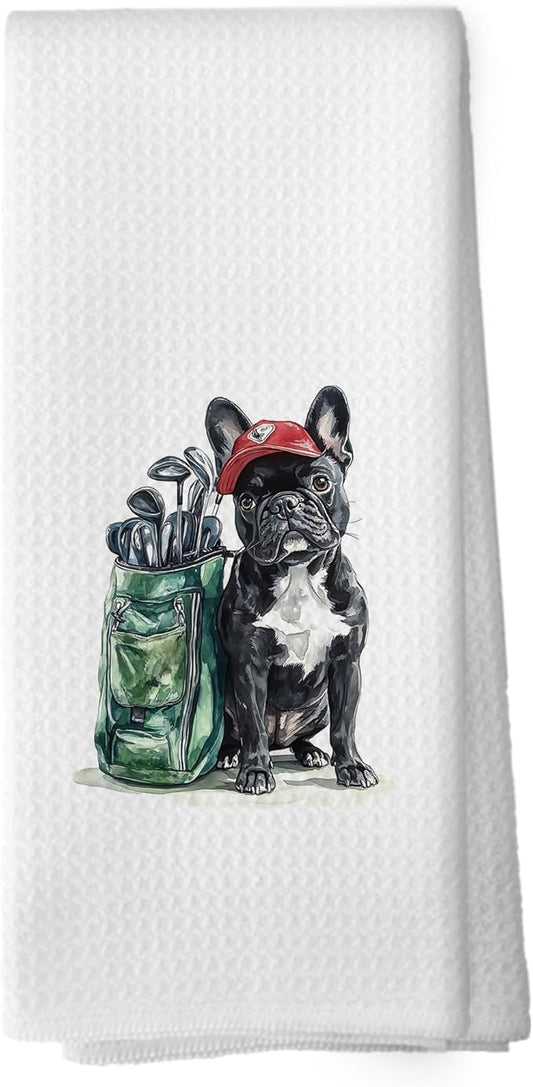 Golf Dog Kitchen Towels - French Bulldog Dish Towels, Sports Gifts, Pet Golf Club Decorative Absorbent Dishcloths Hand Towels for Kitchen Gym Spa Decor 16x24 Inches