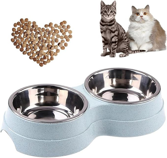 Double Cat Food Bowl -Stainless Steel Bowls with Easy-to-Clean Detachable Design, Non-Slip Base, Pet Feeder for Kittens and Medium Cats (Blue)