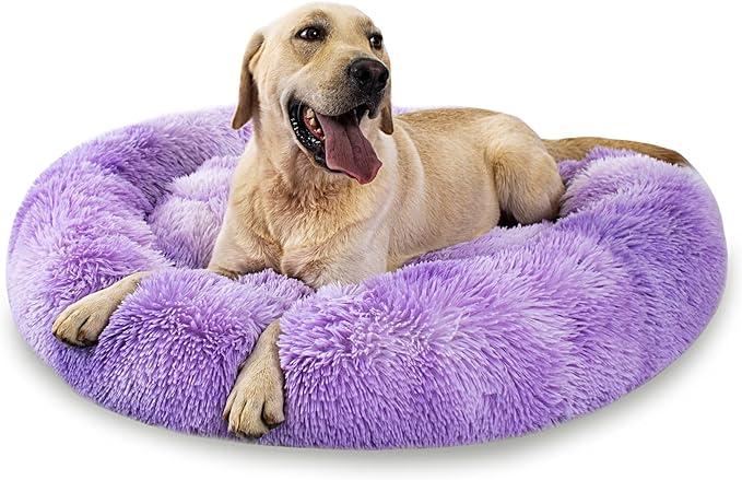 Calming Dog Bed for Big Dogs, 39'' Round Anti-Anxiety Warm Fluffy Plush Faux Fur Bed, Soft Anti-Slip Donut Washable Big Pet Bed, Cozy Big Dogs Bed, Fits up to 100 lbs Pets